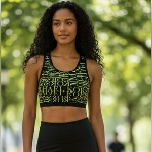 Michael Kors Black and Neon Yellow Logo Sports Bra